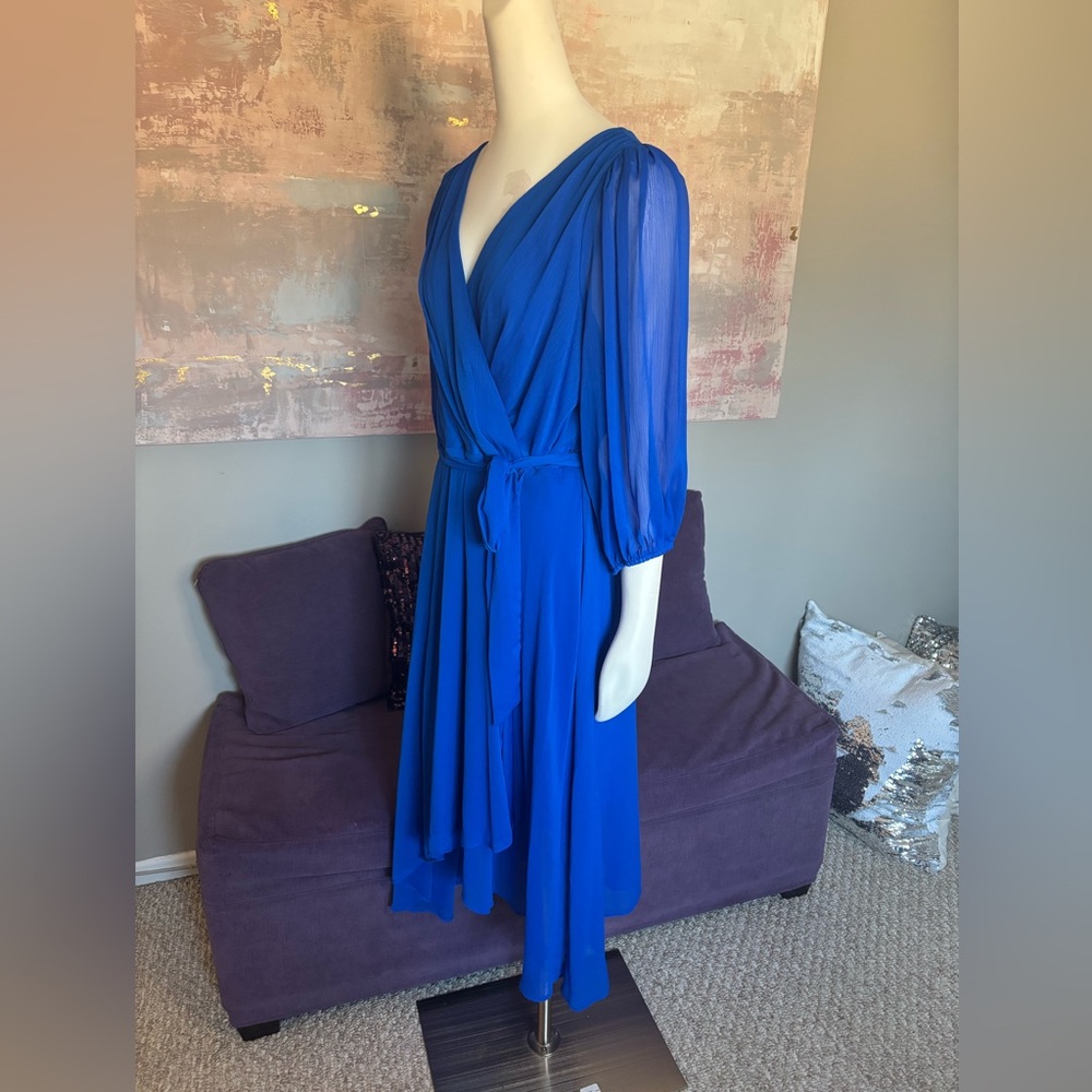 DKNY Blue Faux Wrap Dress with V-Neck and Bishop Sleeves NWT size 16 - Picture 4 of 12